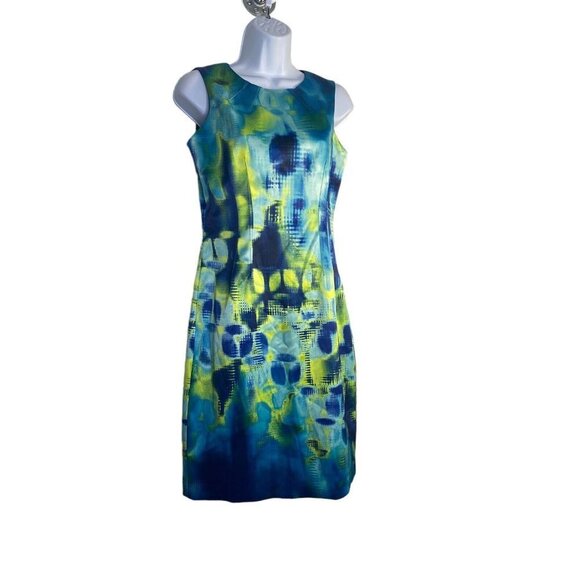 Elie Tahari Womens Sheath Dress Blue Yellow Abstract Stretch Midi Crew Neck 4 - Picture 3 of 7